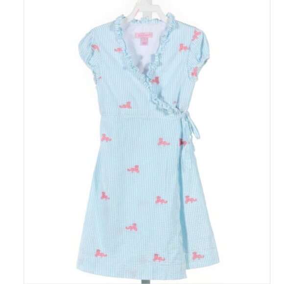 LILLY PULITZER BLUE SEERSUCKER STRIPED DRESS WITH TIGERS - Picture 2 of 9